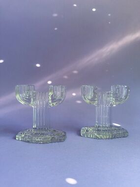 Vintage Anchor Hocking Glass Double Candlestick Holders Art Deco
